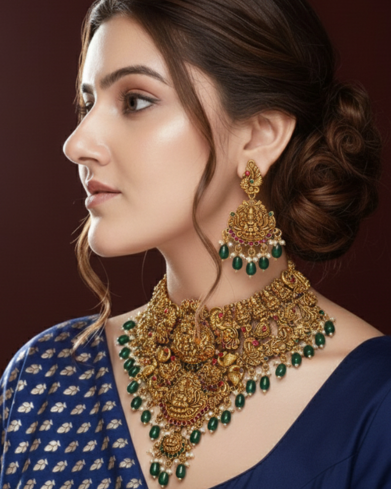 Heavy Bridal Temple Necklace Set with Peacock and  Lakshmi  Pendants TN007