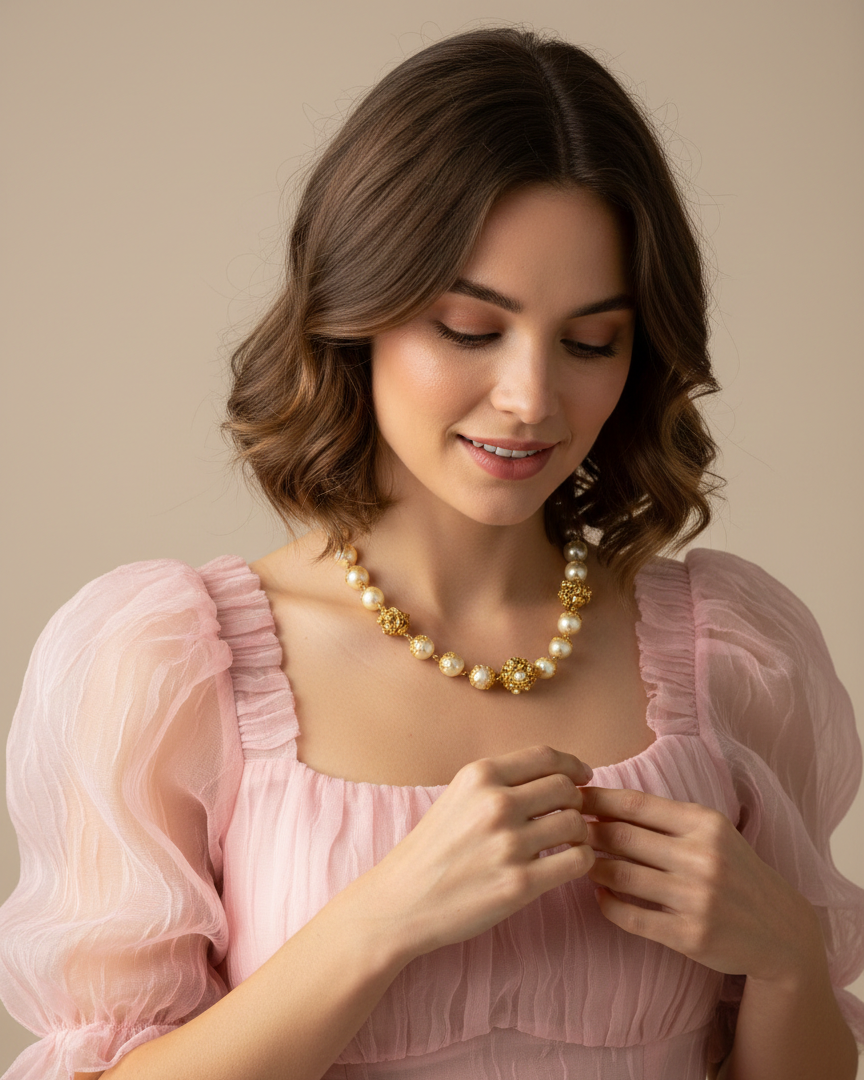 Classic Pearl and Gold Filigree Bead Handcrafted Necklace PRL008