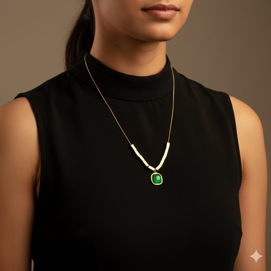 18K Gold Tone Necklace with Green Emarald Pendant  ANTNC004