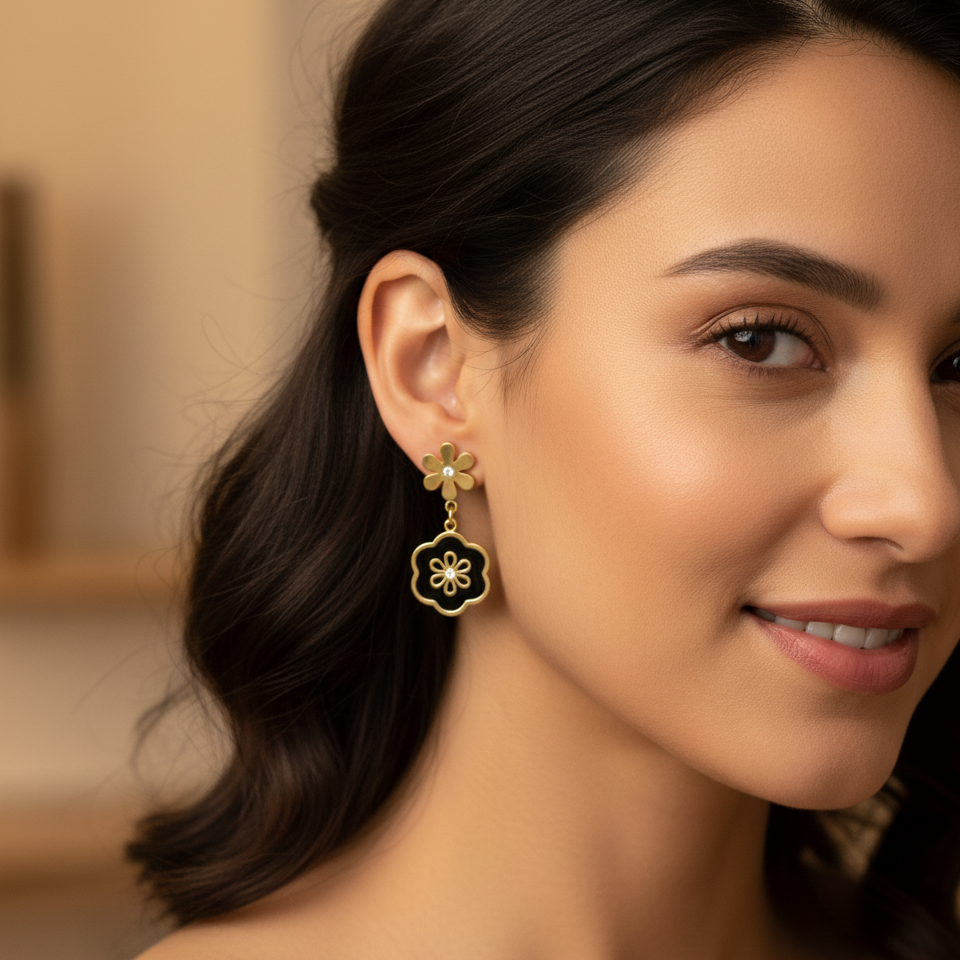 Gold and Black Flowe Charm Earrings DFE019