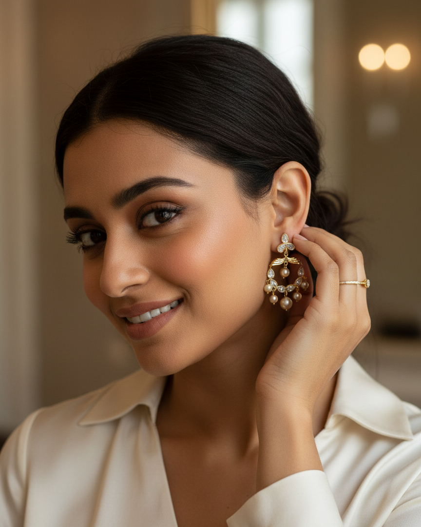 Gold-Plated Kundan Chandbalis Earrings with Pearl Drops CHB008