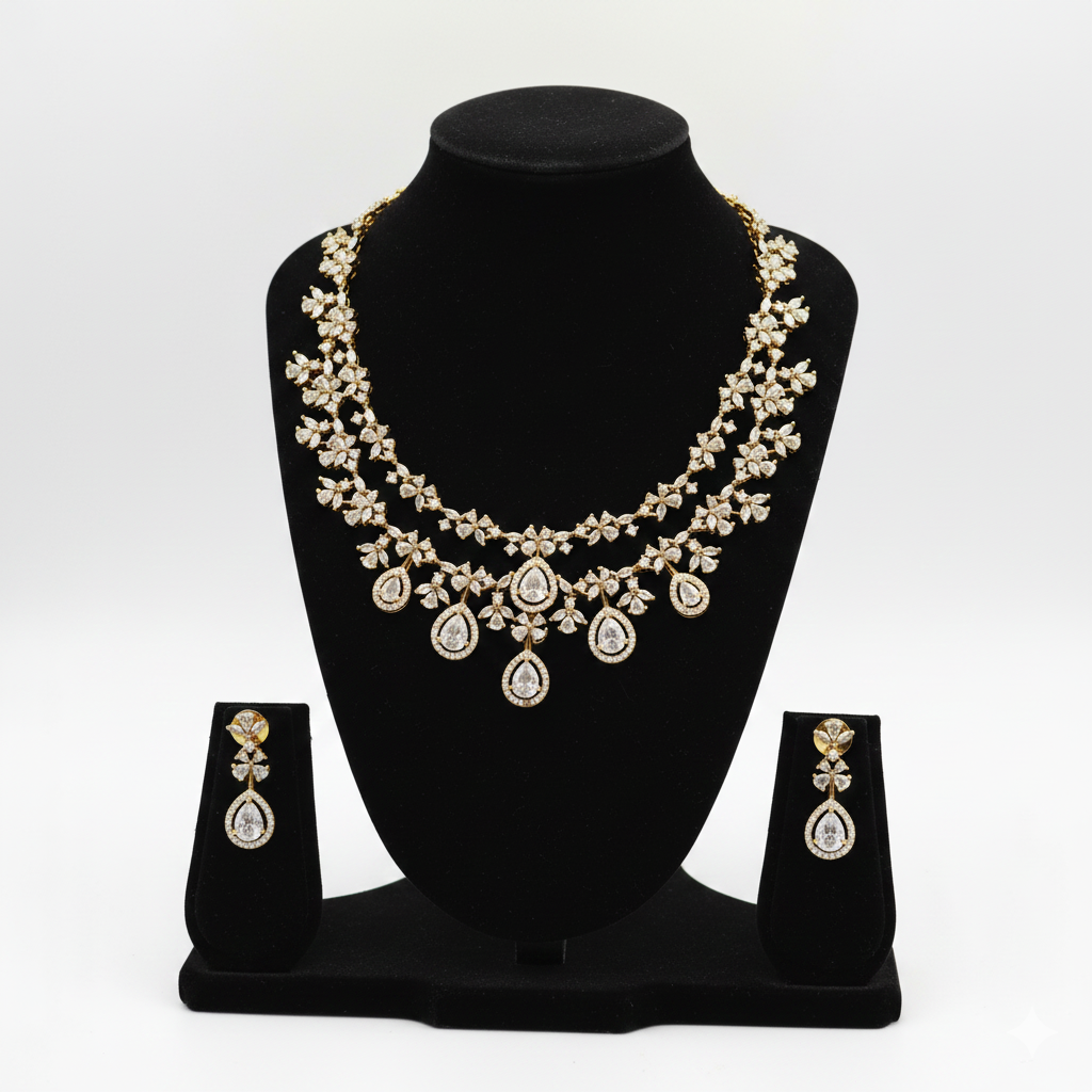 Crystal Floral Double-Layer Victorian Stone Necklace and Earring Set VCT008