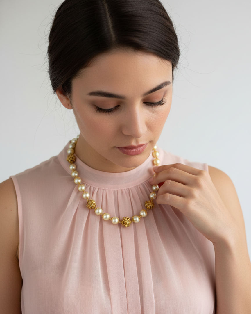 Classic Pearl and Gold Filigree Bead Handcrafted Necklace PRL008