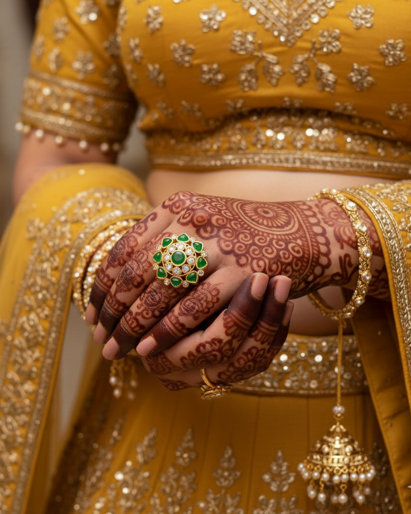 Adjustable Kundan Ring with Emarald and White Crystals with 18K Gold Plated RNG019