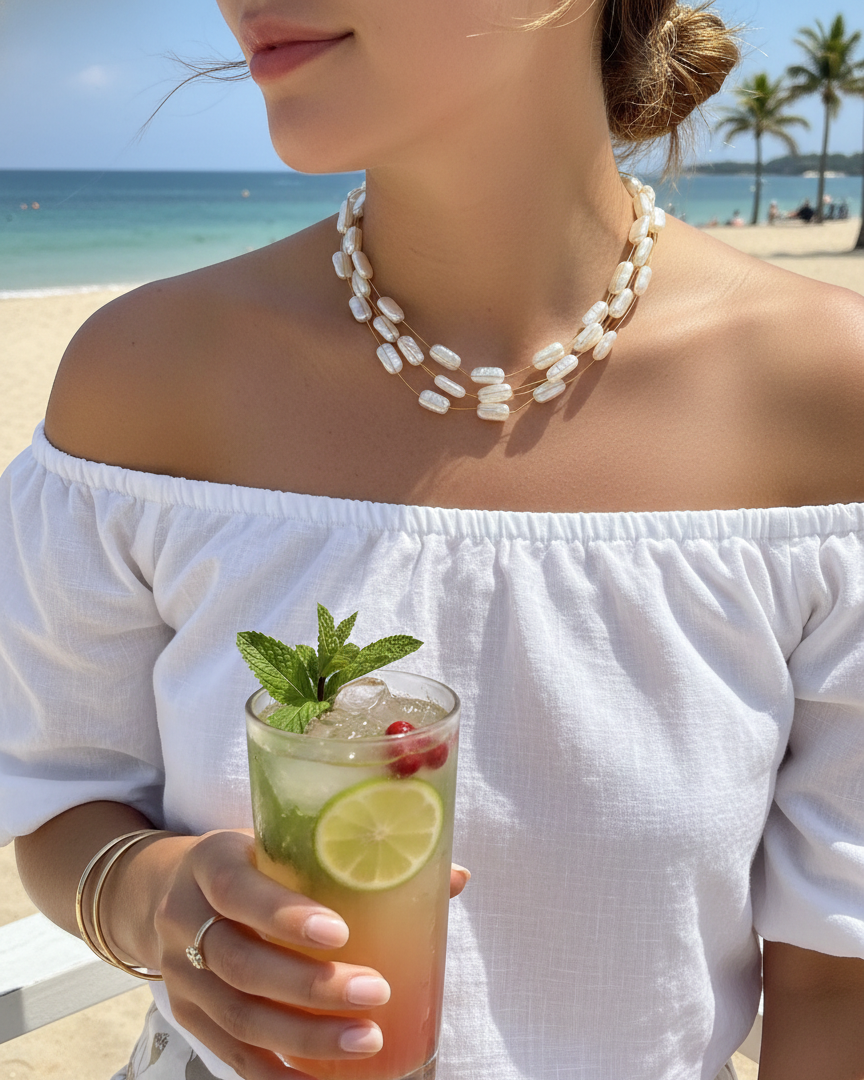 Layered White Pearl Lightweight Necklace PRL007