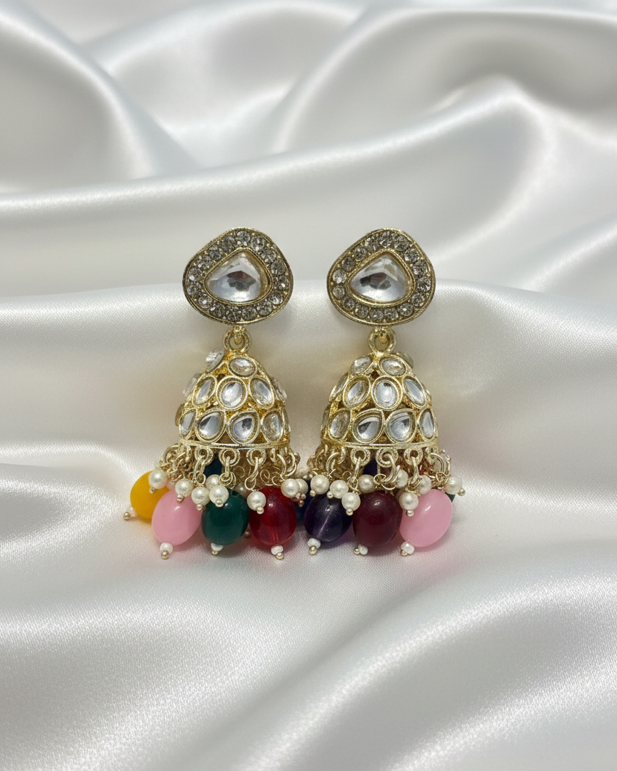 Elegant Gold-Tone Kundan Jhumki with Colorful Beads CHB001