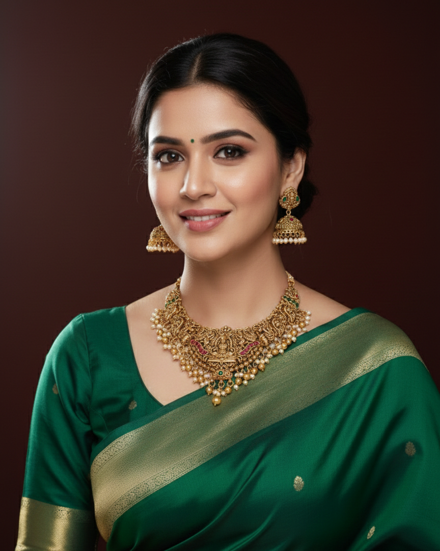 Traditional South Indian Temple Antique Gold Bridal Necklace Set TN005