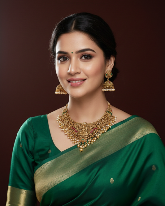 Traditional South Indian Temple Antique Gold Bridal Necklace Set TN005