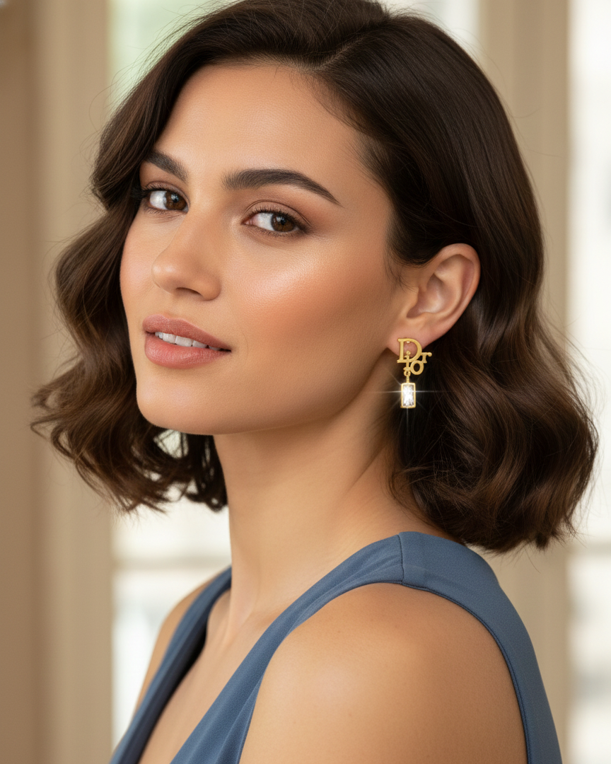 Dior 18K Gold-Tone Logo Stud Earrings with Crystal Accent DFE010