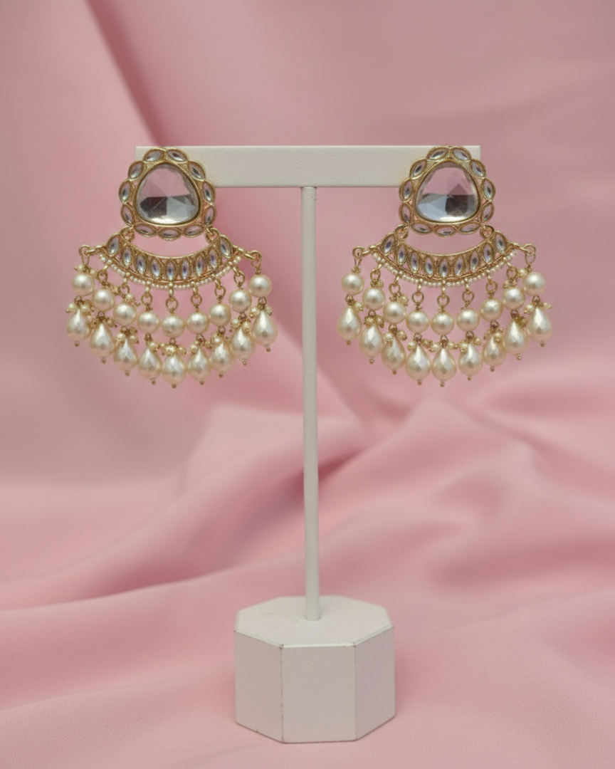 Royal White Kundan Chandbali Earrings with Pearl Droplets CHB007