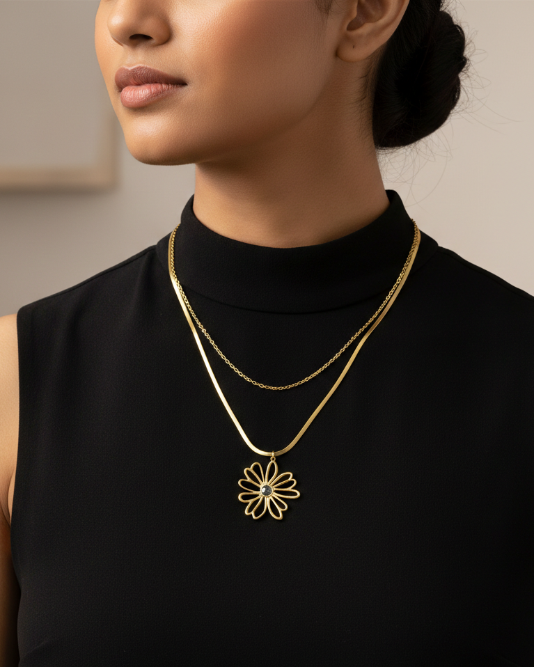 Layered Snake Chain with Floral Charm ANTNC002