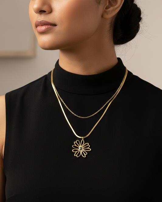 Layered Snake Chain with Floral Charm ANTNC002