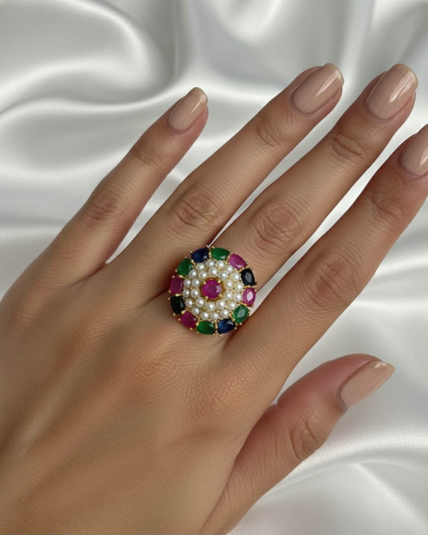 Real Pearl and Multi Color Stone Ring RNG013