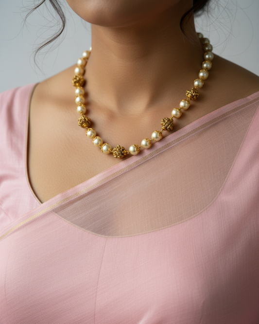 Classic Pearl and Gold Filigree Bead Handcrafted Necklace PRL008