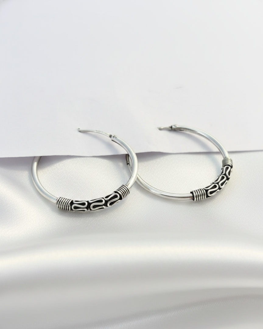925 Pure Sterling Silver Handcrafted Tribal Style Hoops. Medium Size. 925/004