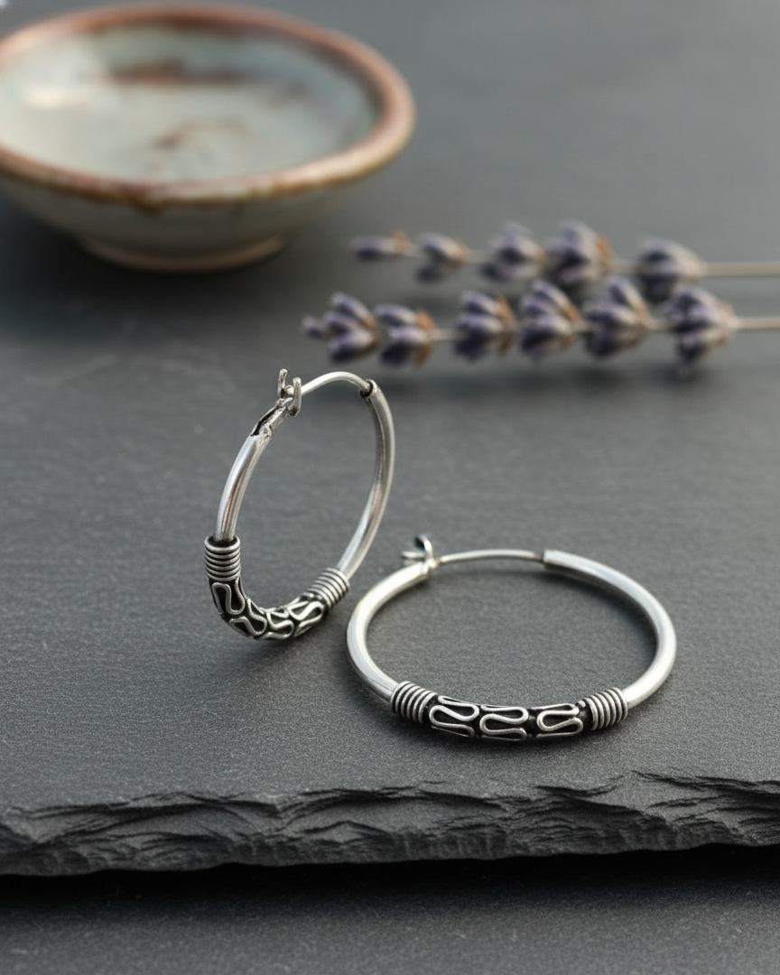 hoop925 Pure Sterling Silver Handcrafted Tribal Style Hoops. Small Size. 925/006