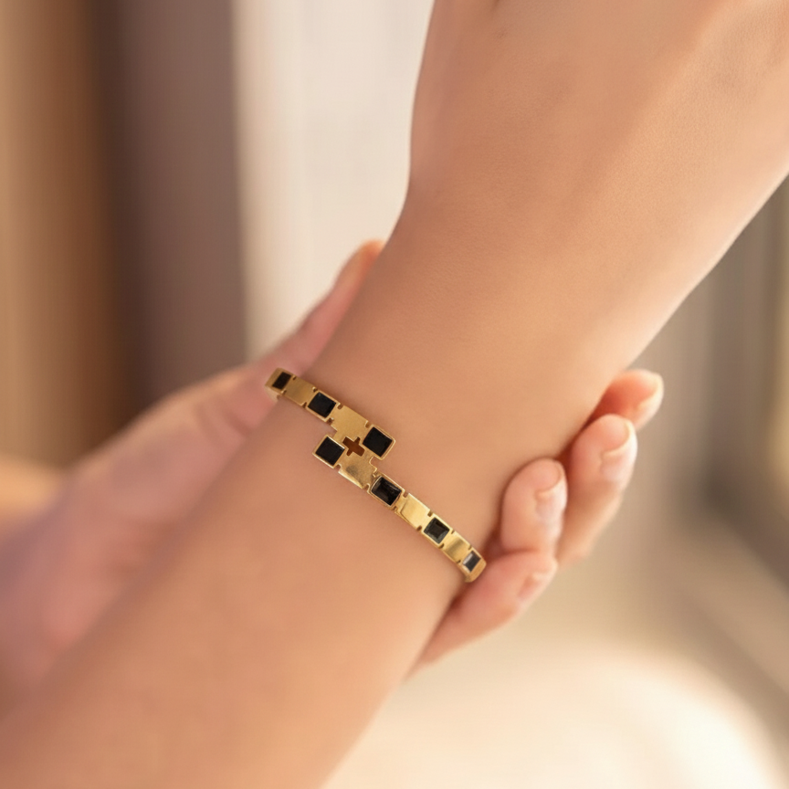 Elegant Gold Finish Black Enamel Bracelet BRC003
