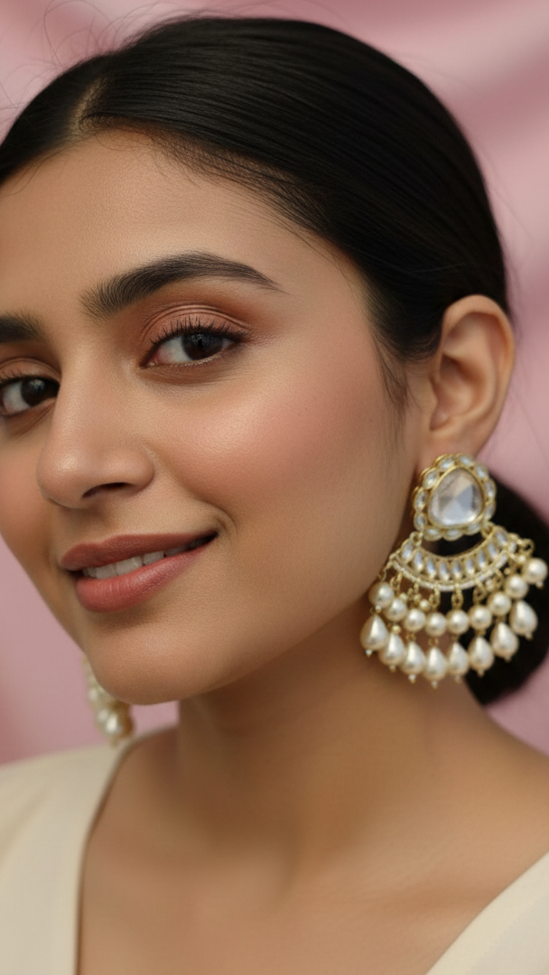 Royal White Kundan Chandbali Earrings with Pearl Droplets CHB007