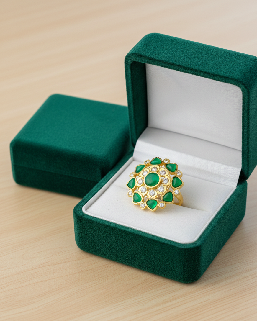 Adjustable Kundan Ring with Emarald and White Crystals with 18K Gold Plated RNG019