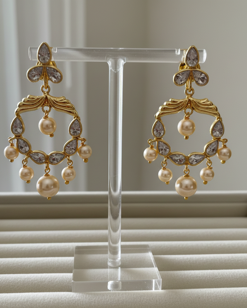 Gold-Plated Kundan Chandbalis Earrings with Pearl Drops CHB008