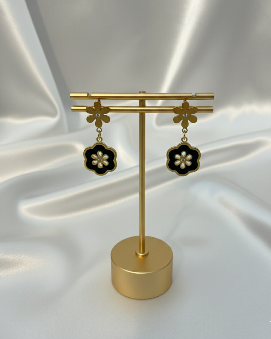 Gold and Black Flowe Charm Earrings DFE019