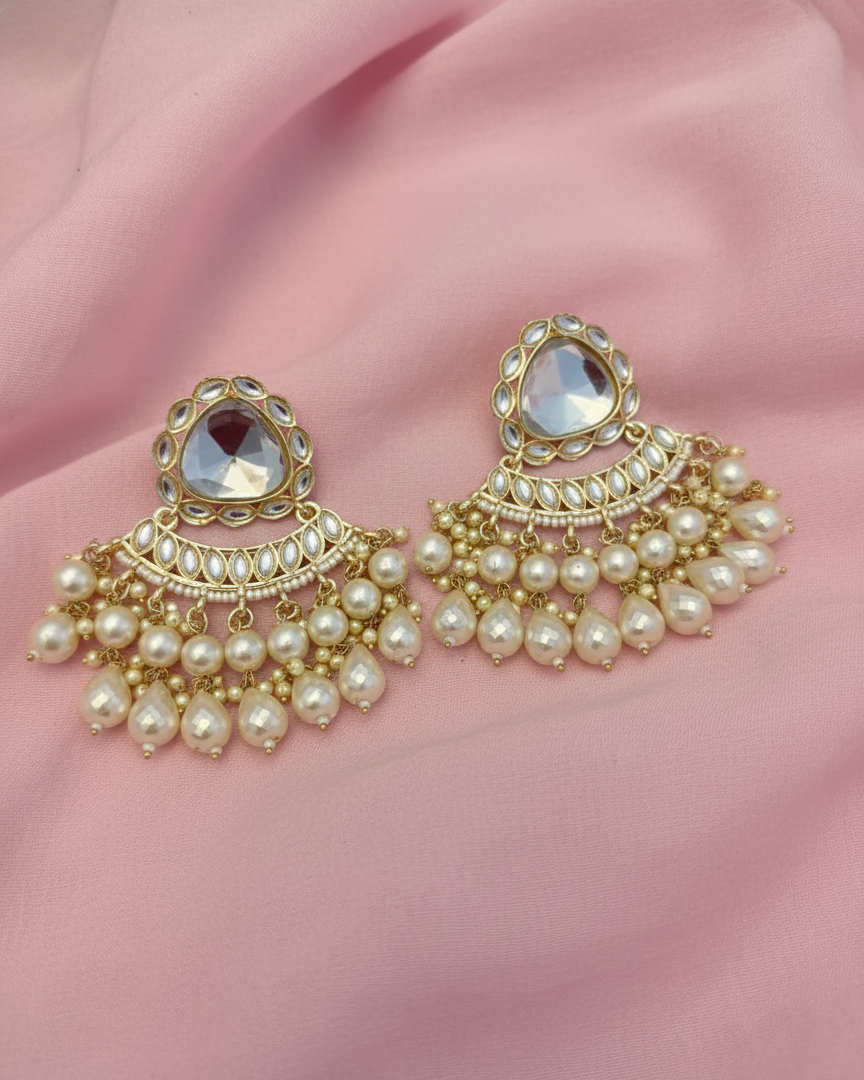 Royal White Kundan Chandbali Earrings with Pearl Droplets CHB007