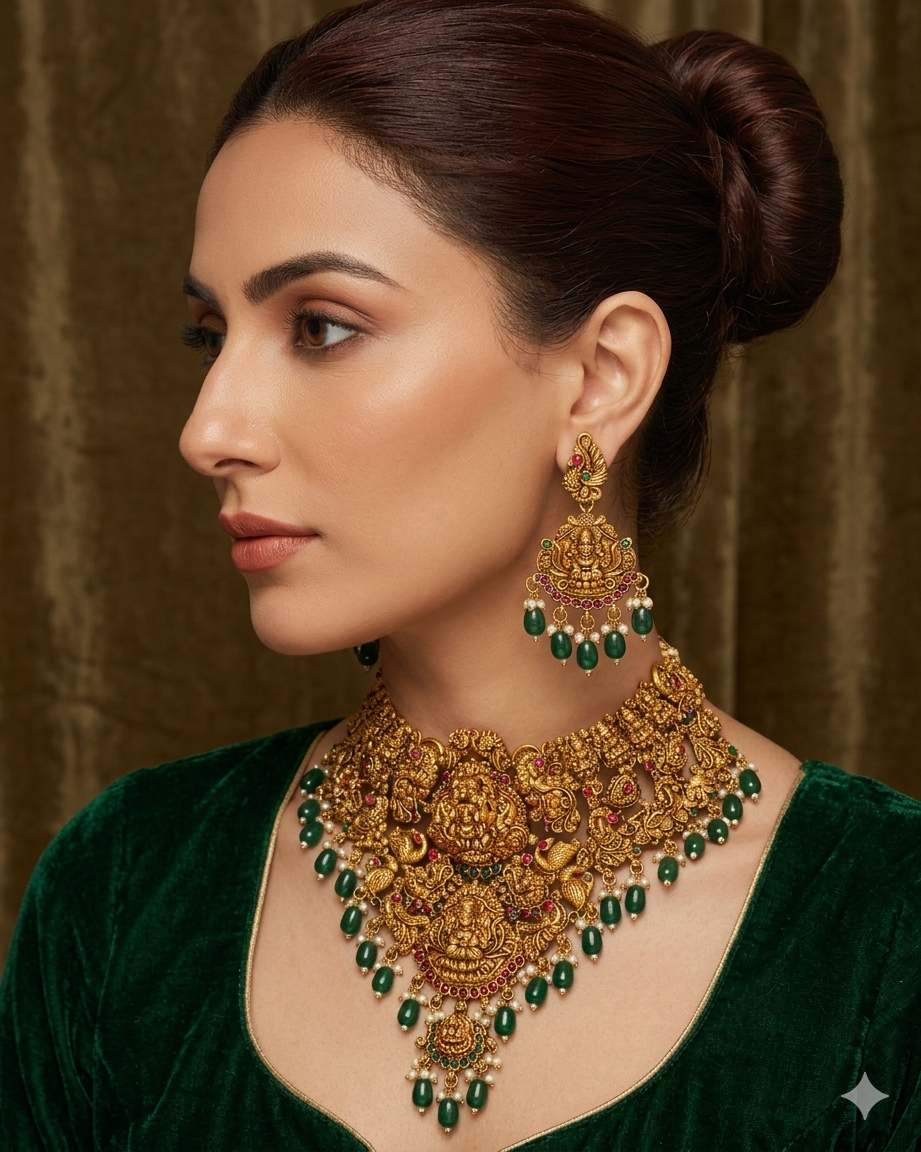 Heavy Bridal Temple Necklace Set with Peacock and  Lakshmi  Pendants TN007