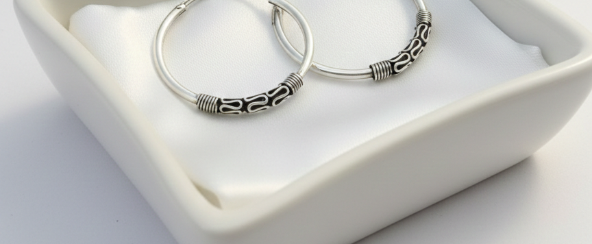 925 Pure Sterling Silver Handcrafted Tribal Style Hoops. Medium Size. 925/004