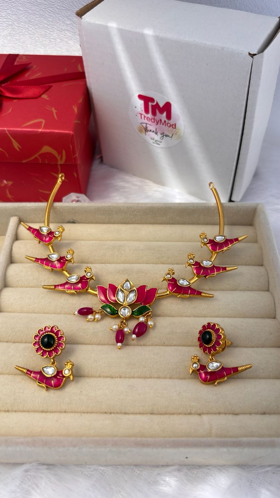 Pink Enamel Parrot & Lotus CHOKER LTN004