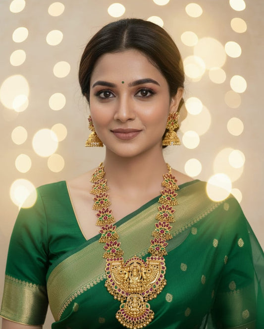 Kemp Stone Lotus Long Necklace with Lakshmi Pendant Set LN001