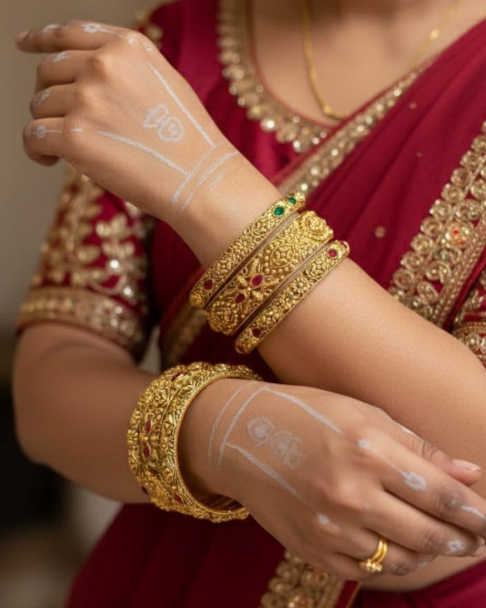 Elegant Gold Plated Bangles with Traditional Red and Green Stones (Set of 6 Piece) BNG013