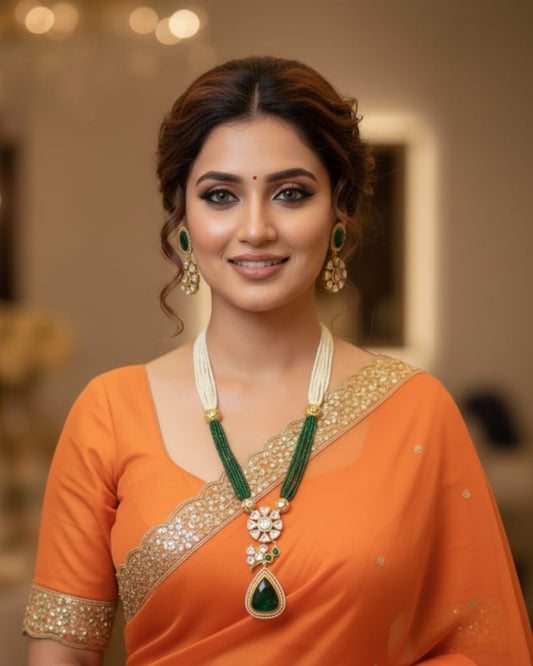 Kundan Pearl Long Necklace Set KND001