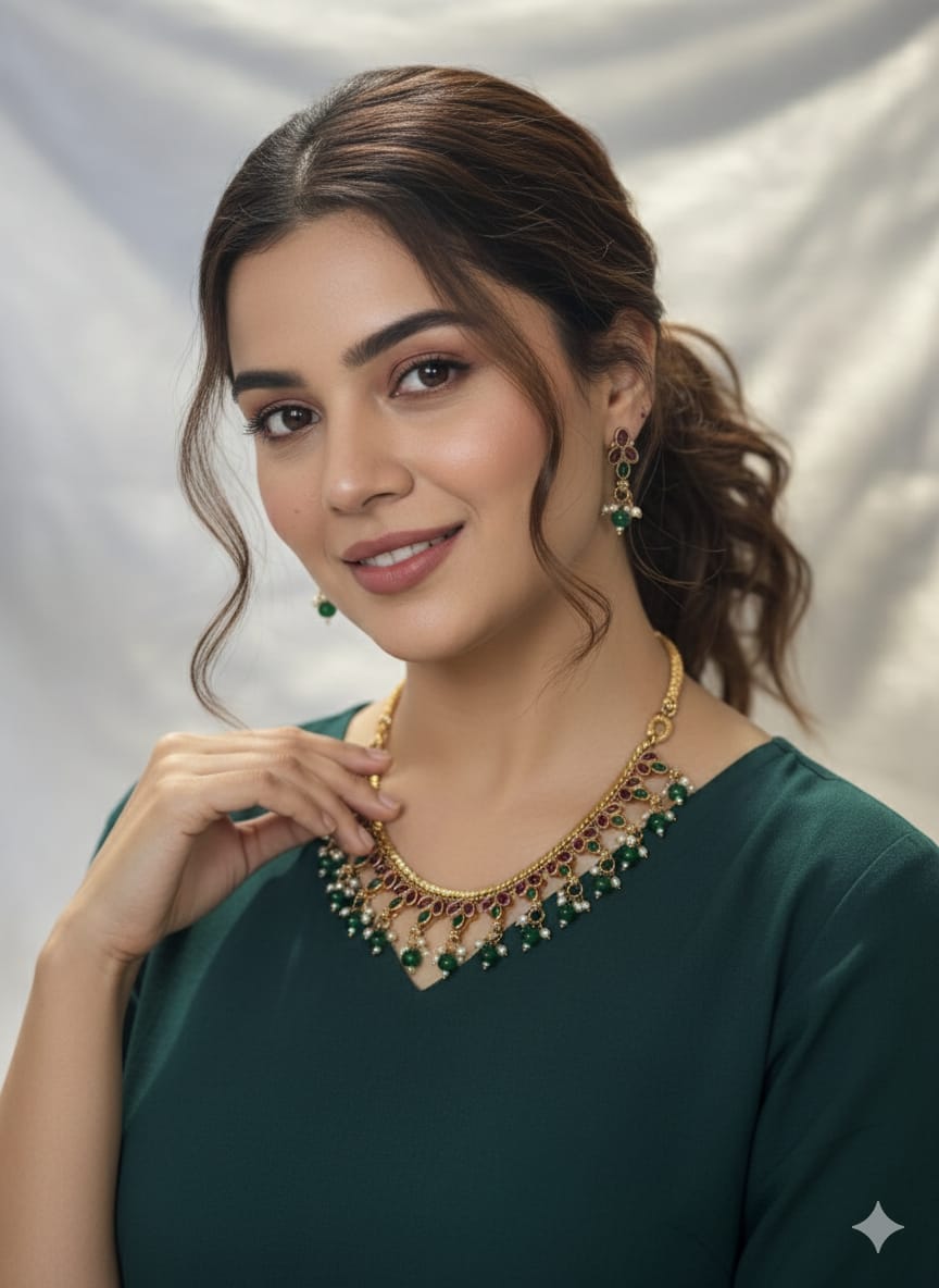 Elegant Emerald Green/Pink and Leaf Motif Necklace Set MIN014