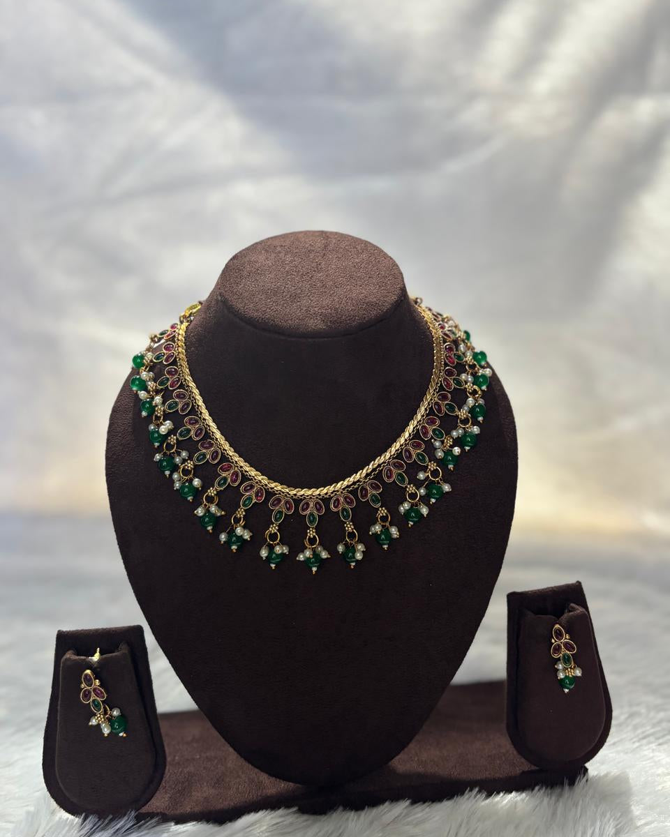 Elegant Emerald Green/Pink and Leaf Motif Necklace Set MIN014