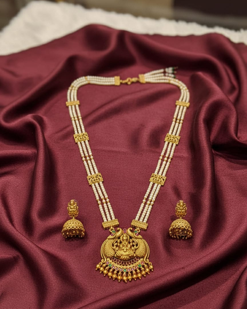 Royal Temple Pearl Necklace Set with Antique Gold Pendant LN012