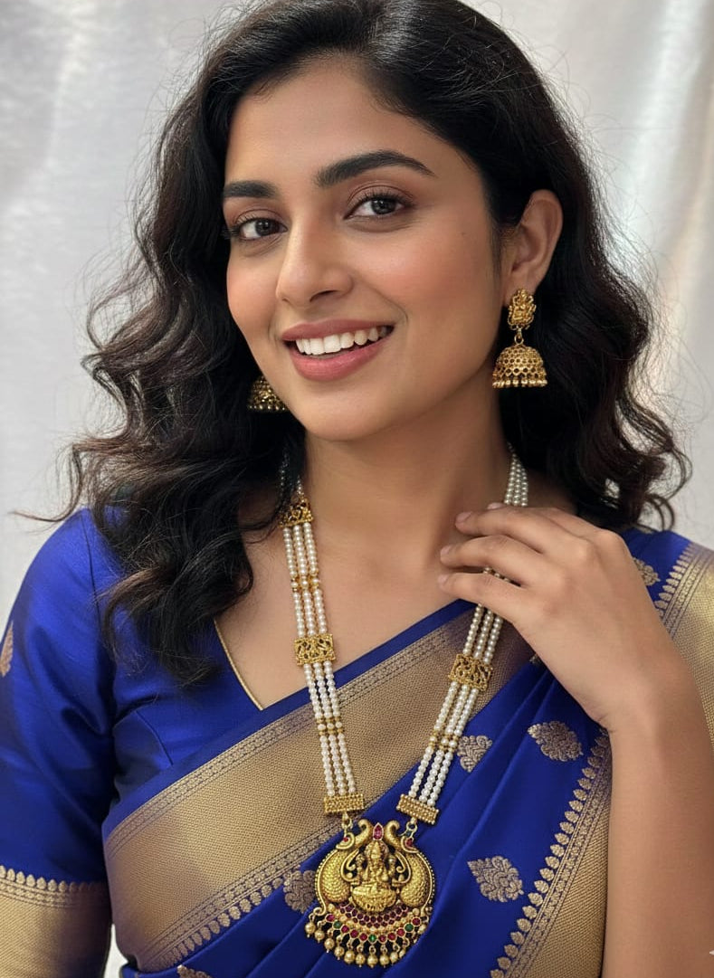 Royal Temple Pearl Necklace Set with Antique Gold Pendant LN012