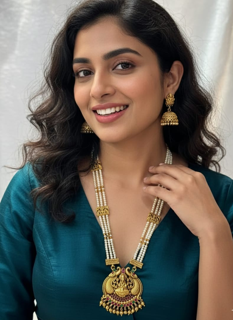 Royal Temple Pearl Necklace Set with Antique Gold Pendant LN012