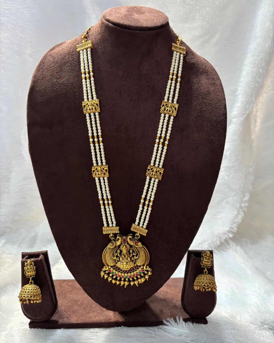 Royal Temple Pearl Necklace Set with Antique Gold Pendant LN012