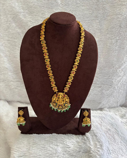 Long Gold-Plated Necklace Set with Green Bead Drops LN014