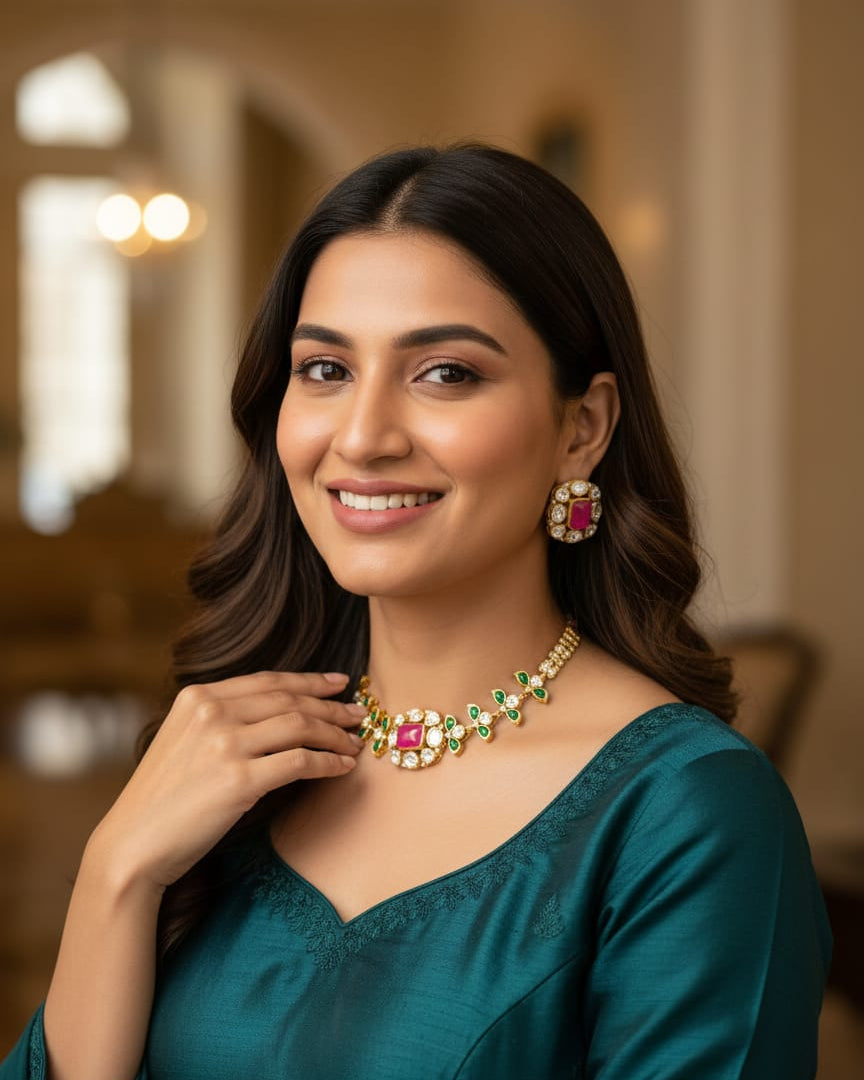 Real Moissanite Kundan Ruby-Green Choker Necklace Set KND003