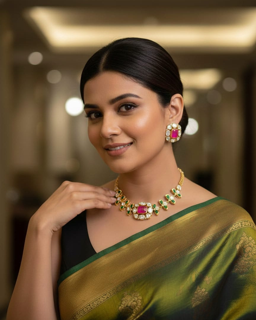 Real Moissanite Kundan Ruby-Green Choker Necklace Set KND003