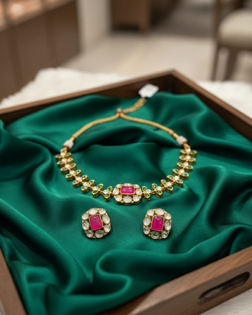 Real Moissanite Kundan Ruby-Green Choker Necklace Set KND003