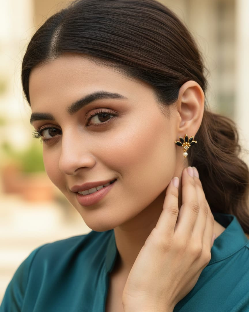 Black Stone Floral Pearl Drop Studs STD002