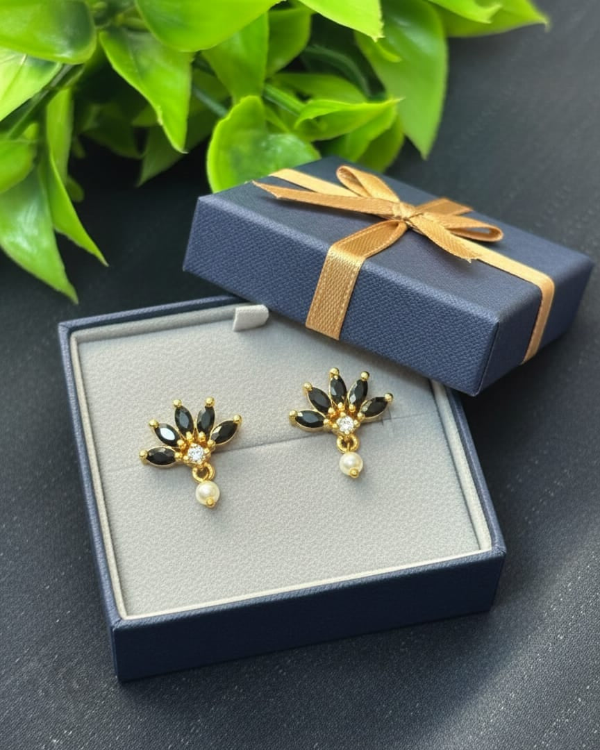 Black Stone Floral Pearl Drop Studs STD002