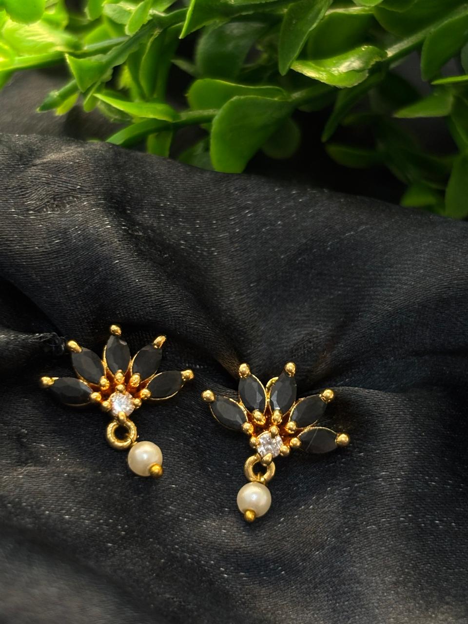 Black Stone Floral Pearl Drop Studs STD002