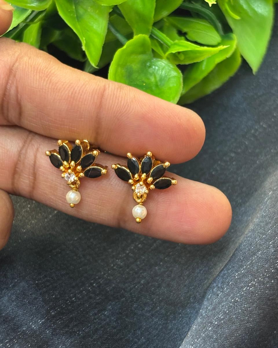 Black Stone Floral Pearl Drop Studs STD002