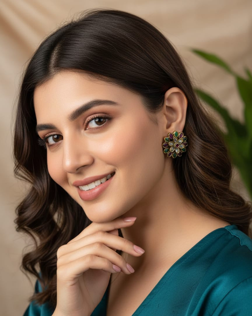 Floral Kundan Stud Earrings with Green and Purple Stones STD003