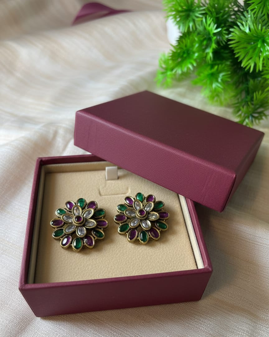 Floral Kundan Stud Earrings with Green and Purple Stones STD003