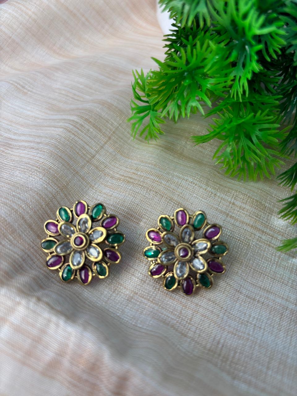Floral Kundan Stud Earrings with Green and Purple Stones STD003