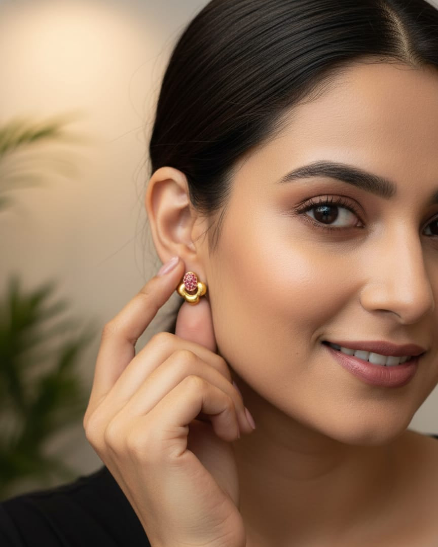 Classic Pink Sparkle Floral Stud Earrings STD005